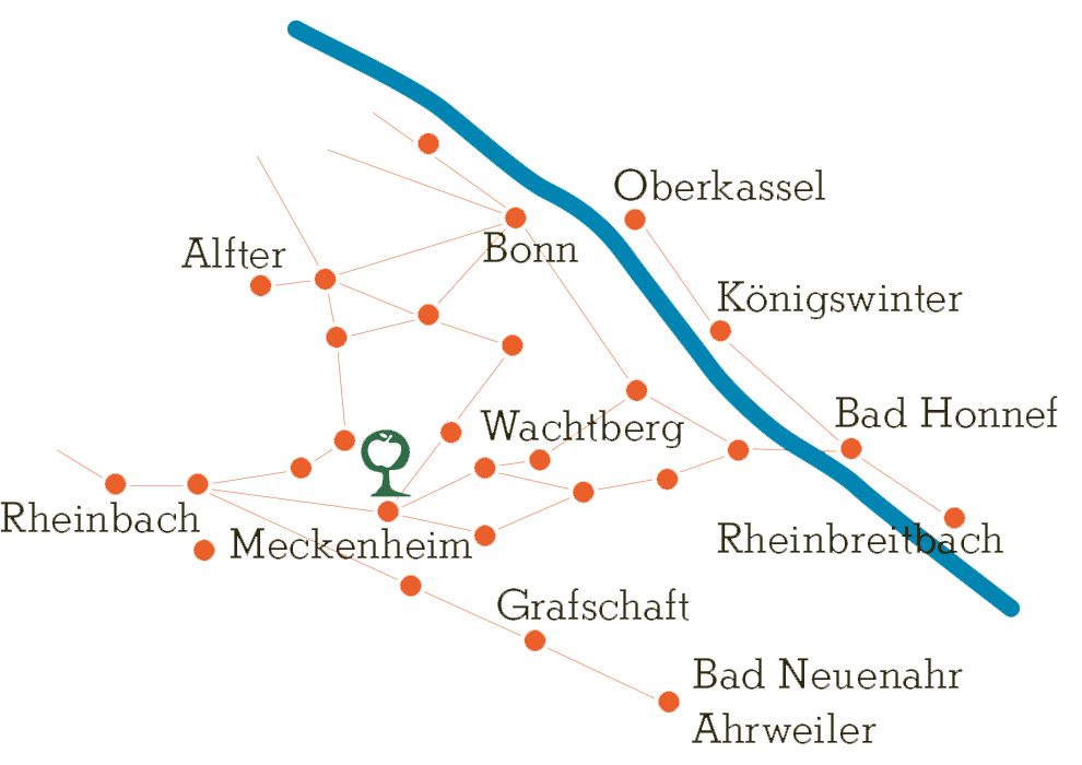 Unser Liefergebiet ist sehr weitläufig und geht von Remagen, Bad Neuenahr, Alfter, über Bonn, Bad Honnef, natürlich Meckenheim, Rheinbach bis Kirchheim.